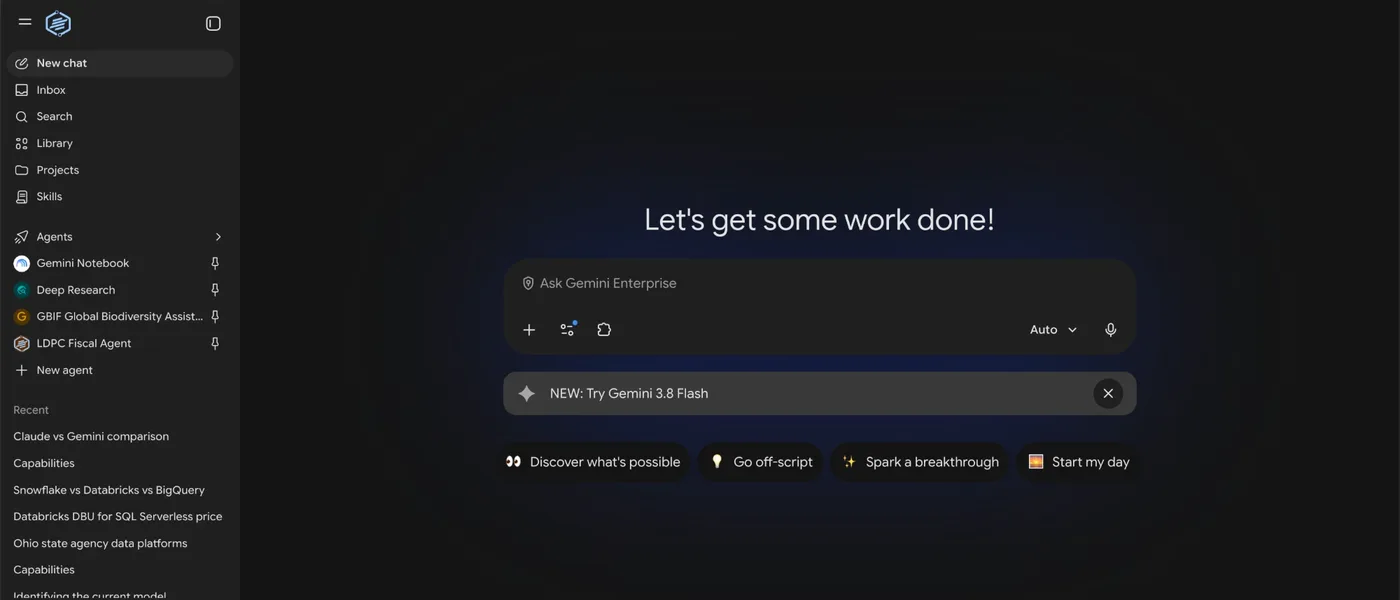 Gemini Enterprise home screen with the chat box and the left menu