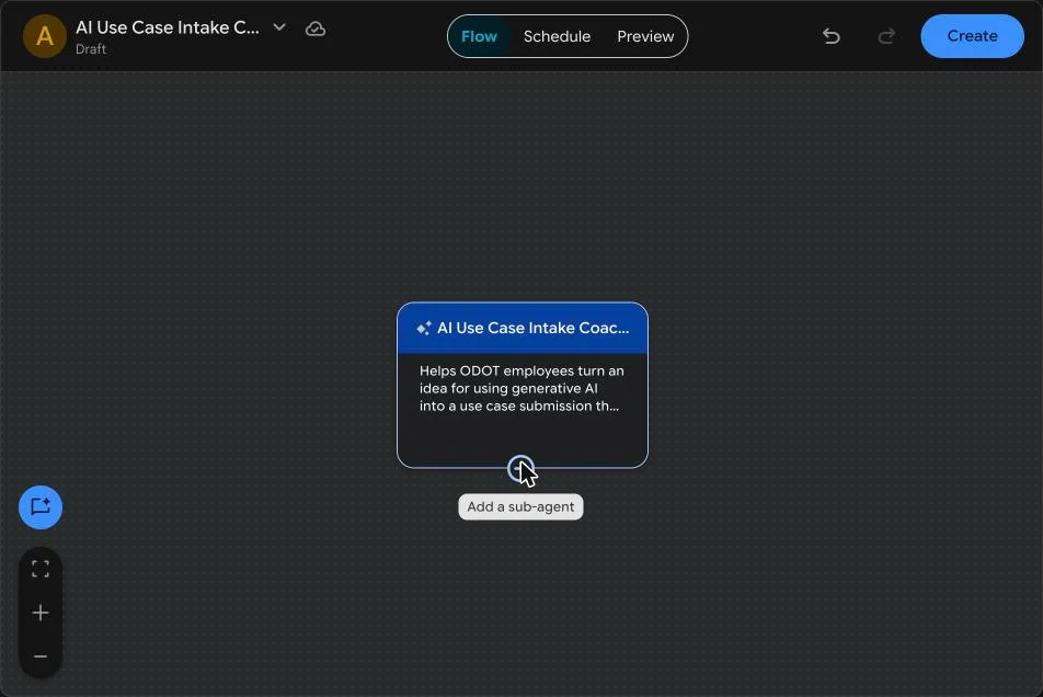 Hovering the plus button under the main agent box shows the tooltip Add a sub-agent