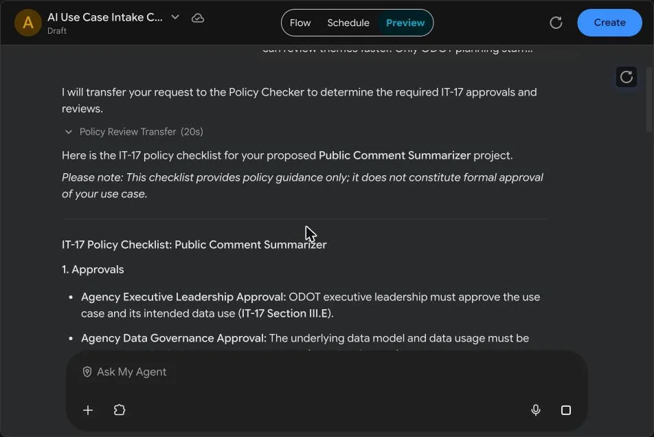 Preview: the coach transfers the request to the Policy Checker, which returns an IT-17 checklist citing Section III.E