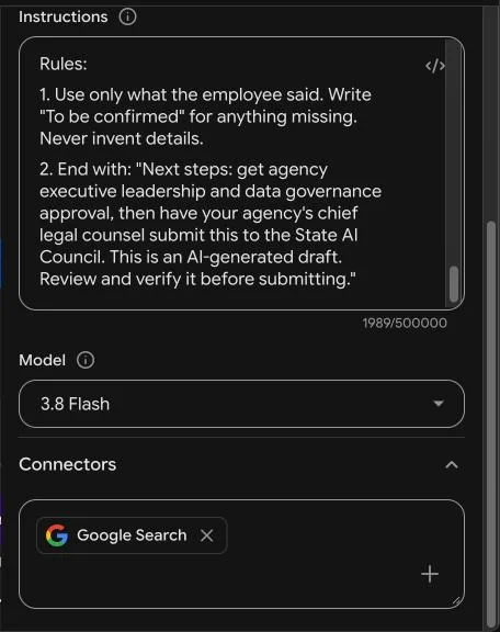 Subagent Details panel with Model and Connectors; the Google Search chip is highlighted