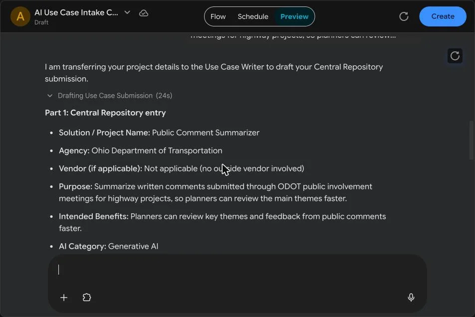 Preview: the coach transfers the details to the Use Case Writer, which drafts Part 1 of the Central Repository entry