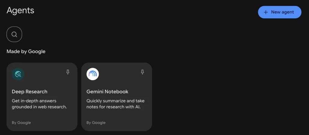 Agents gallery showing Deep Research and Gemini Notebook