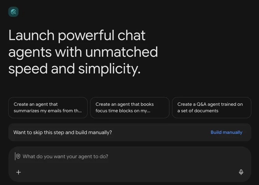 Chat agent start screen with Build manually highlighted