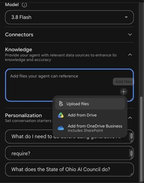 Knowledge add menu with Upload files highlighted