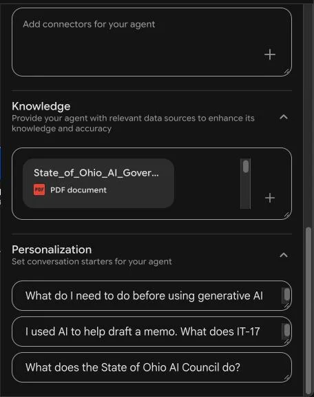 Personalization section with the three starter prompts filled in