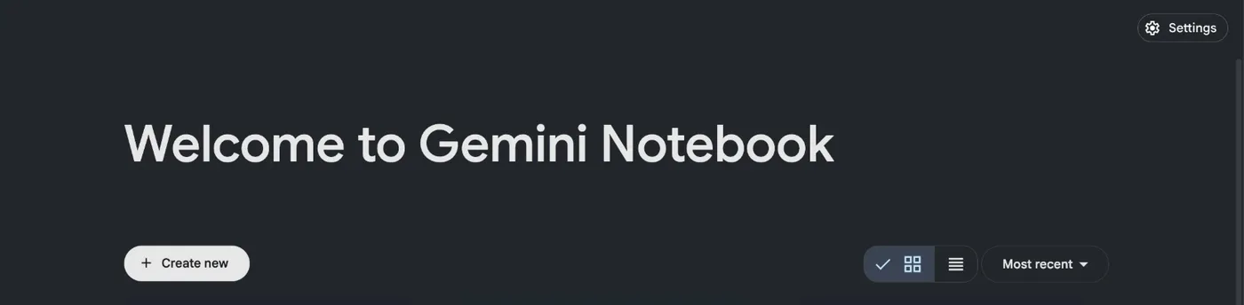 Gemini Notebook welcome screen with the Create new button