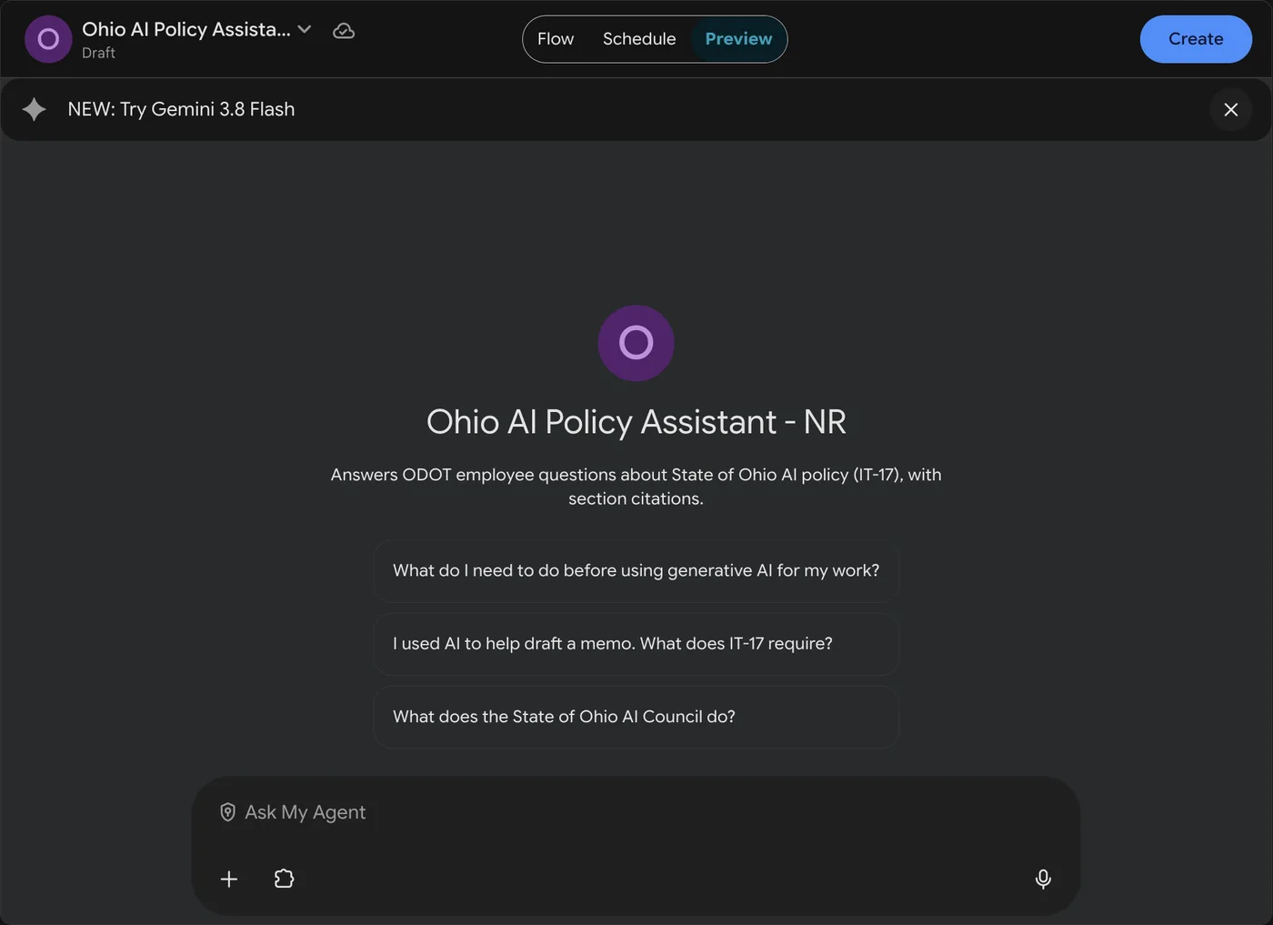 Preview tab showing the agent's name, description and three starter prompts above the chat box