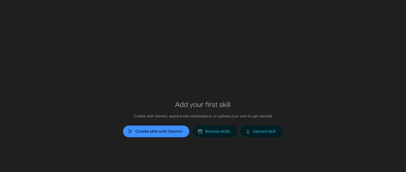 Skills page with Create skill with Gemini, Browse skills and Upload skill buttons